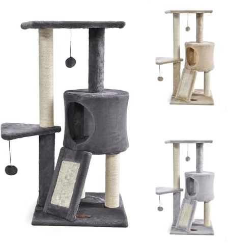 PATAM Tiragraffi per Gatti alto 83,5 cm, Graffiatoio in Sisal Casetta con Palline Gioco, Cuccia per Gatti - Toys Grigio Scuro