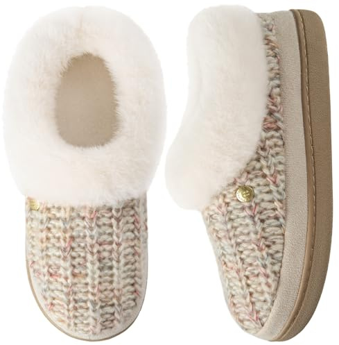 HomeTop Women's Knit Clog Slippers Comfy Warm Memory Foam Non-slip Indoor House Shoes with Fuzzy Collar Oatmeal, 8 UK
