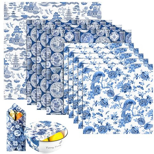 Fanfanwin 9 Pack Chinoiserie Reusable Beeswax Wrap Food Beeswax Paper for Sourdough Bread Cheese Paper Wrapping Cheese Wax Cloth Food Wraps Bread Sandwich Wrapper 1 XL 3 Medium 5 S(Blue)