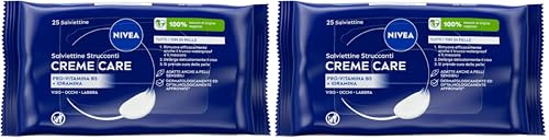NIVEA Creme Care Salviettine Struccanti Viso 25 pezzi, Salviette struccanti per mascara e trucco waterproof, Salviettine viso delicate e idratanti per uso giornaliero (Confezione da 2)