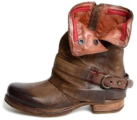 ORANDESIGNE Damen Retro Leder Stiefel Blockabsatz Stiefeletten Frauen Bequeme Schuhe mit Rutschfester Sohle Herbst Winter Casual Boots A Braun 39 EU