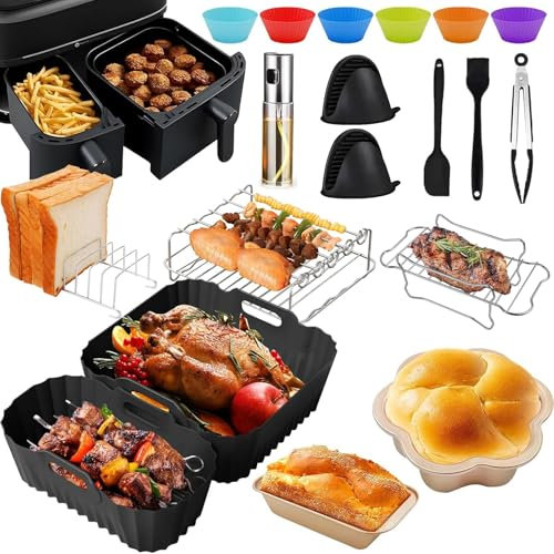 Moule Silicone Air Fryer Accessoires, Pour Philips Série 3000/5000 Dual Basket 3L/6L, 19 Pcs Avec Moule En Silicone Pour Friteuse à Air, Grille Racks, Spray Huile Cuisine, Moule Cake,Moule à Pain, etc