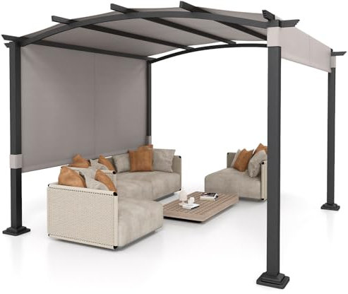 COSTWAY 3 X 3 M/3 X 3.6 M Retractable Pergola, Large Garden Pergola with Sun Shade Canopy, Outdoor Arched Patio Shelter Metal Gazebo (Grey, 305 x 305 x 218 cm)