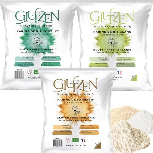 3 Ekologiskt mjöl GLUTZEN, 1x bovetemjöl, 1x helt rismjöl, 1x vitt rismjöl. Celiaki, keto, paleo, vegan, allergenfri. (3x500g)