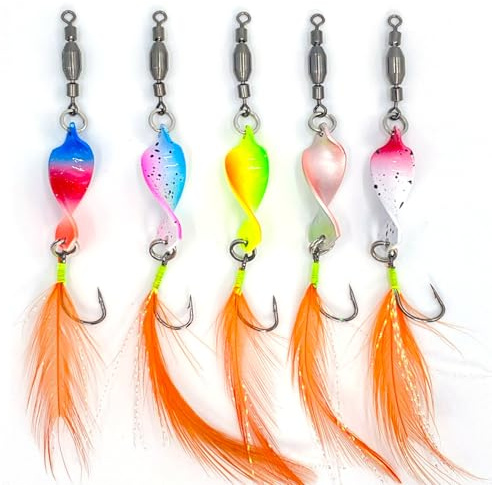 Machilea Twist Spoons Trout UV-Active 4.8 g, Trout Bait with Rolling Swivels, Twister Fishing Accessories, Trout, Blinker, Trout Bait, Fishing Lure, Trout Spoon Set, 5 Pieces (Orange Feather, 4.8 g)
