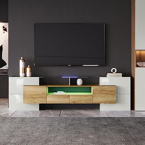 Meuble TV LED moderne de 200 cm de hauteur - Noir et blanc brillant - Avec éclairage LED - Deux tiroirs et trois compartiments - Convient pour le salon et la chambre à coucher (couleur naturelle)