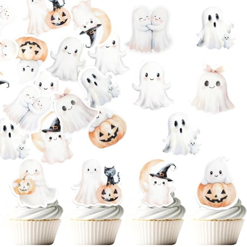 60 Pack Edible Halloween Spooky Cupcake Toppers Wafer Paper Skull Spider Web Pumpkin Cupcake Picks Edible Ghost Boo Cake Decorations for Baby Shower Birthday Halloween Party Food Decorations Supplies