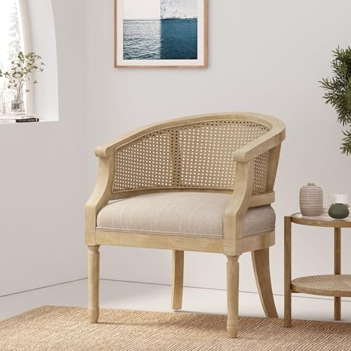 AOPNOMU French Country Accent Chair for Living Room, Mid Century Modern Reading Armchair with Cushion and Slender Turned Legs, Single Sofa Chair with Rattan Backrest for Bedroom, Club, Beige