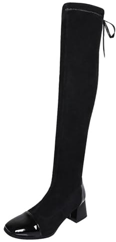 Mo Joc Bottes au-dessus du genou pour femme en daim stretch et cuir verni, talon bloc pour le quotidien et les sorties, Noir , 44 EU