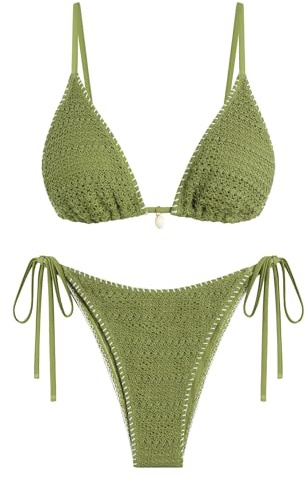 ZAFUL Women's Triangle Bikini Set Crochet String Cheeky Swimsuit Sexy Halter Lace 2 Piece Bathing Suits Green