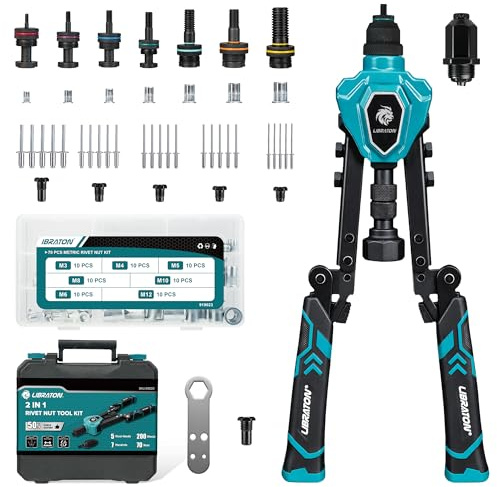 LIBRATON 2 in 1 Rivettatrice ed Rivettatrice per Inserti Filettati Pieghevole, 7 Mandrini(M3-M12) e 5 Teste (2.4-6.4mm), con 70 Inserti e 200 Rivetti, Utensile Manuale Pesante per Fai Da e Riparazioni