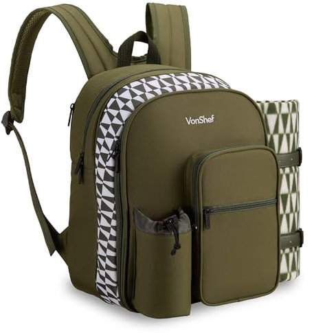 VonShef Picnic Backpack, 2 Person Green Picnic Bag with Full Dining Set, Insulated Cooler Compartment & Large Waterproof Picnic Blanket, Lightweight Water Resistant Camping Accessories