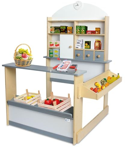 Coemo Kaufladen Kinder Kaufmannsladen Lilly Holz Verkaufsstand mit 3, Grau