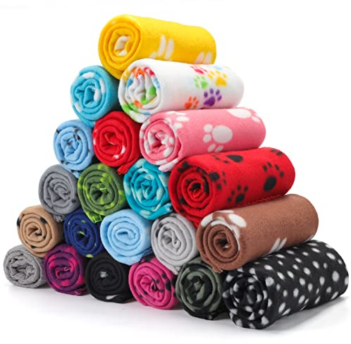 Eccliy 20 Pcs Puppy Blanket Pet Soft Fleece Dog Blankets Warm Felt Throw Sleep Mat Bed Covers for Doggie Puppy Pet Dogs Cat, 20 Styles(23.6 x 27.6 Inch,Paw)