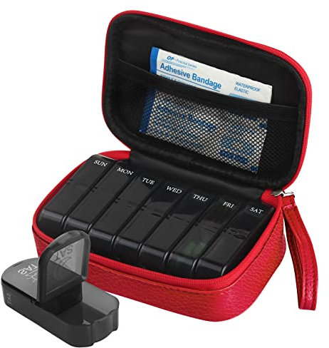 Tablettenbox 7 Tage Pillendose Morgens Abends Tragbare PU Leder Pillentasche mit Reißverschluss Medikamentenbox Wochenbox für Medikamente Kapsel Vitamine Fischöl (Rot)