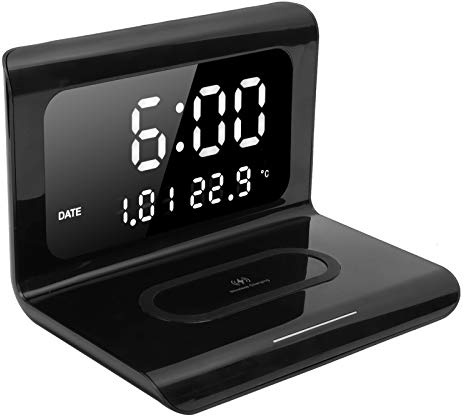 Digitaler Wecker mit Kabellosem Ladegerät,Multifunktionalem Tischkalender-Telefon-Ladegerät,Großem Dimmbarem LED-Display - Smartphone-Ladestation für das Schlafzimmer Im Büro Am Schreibtisch