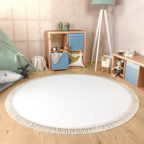 Paco Home Teppich Rund Wohnzimmer Kinderzimmer Hochflor rutschfest Einfarbiges Design Mit Fransen Weich Moderne Deko, Grösse:160 cm Rund, Farbe:Creme
