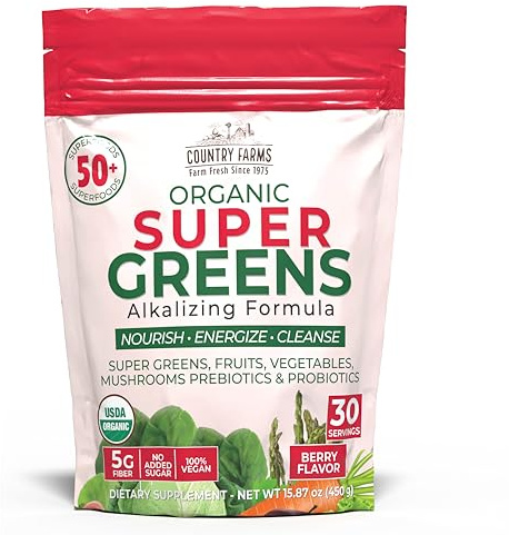 Country Farms Super Greens Berry Flavor, 50 Organic Super Foods, USDA Organic Drink Mix (Wheat Grass, Spirulina, Chlorella) Mushrooms & Probiotics, with Fiber, Gut Health, Natural Energy, 30 Servings