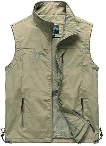 Vanchenl Uomini Casual Utility Viaggi Pesca Gilet Outdoor Lavoro Leggero Safari Foto Multi Tasche Gilet, cachi, M
