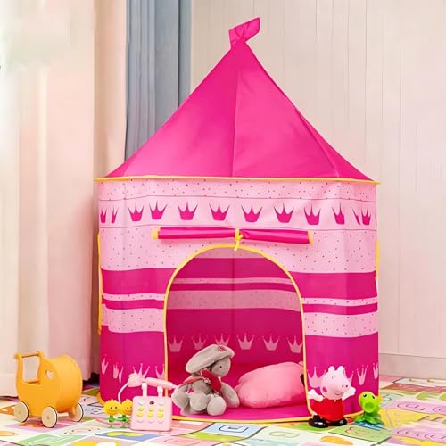 Pop Up Princess Castle Teepee Tent - Pink, Print Cloth Mongolian Yurt, Indoor/Outdoor Portable Play Tent