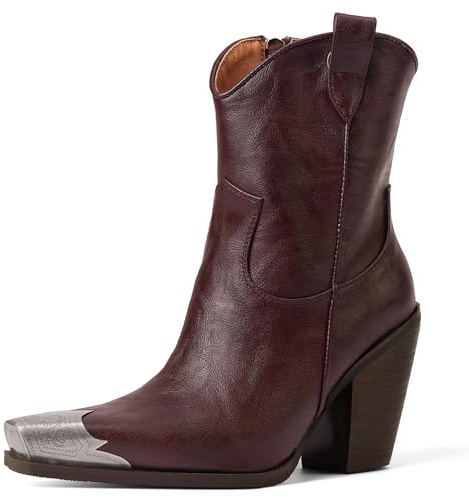 HoanTiai Cowboy Ankle Boots for Women Engraved Steel Toe Cowgirl Boots Stacked Block Heels Short Cowboy Boot Fashion Dressy Western Country Booties