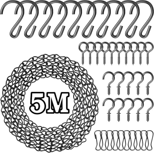 joonnair 5M DIY Chaîne de Panier Suspendu en Métal Noir, Chaîne de Suspension Livré avec 40 crochets différents en 4 types, Pour Pots de Fleurs, Suspension Plante, Lanternes & Décoration Extérieur