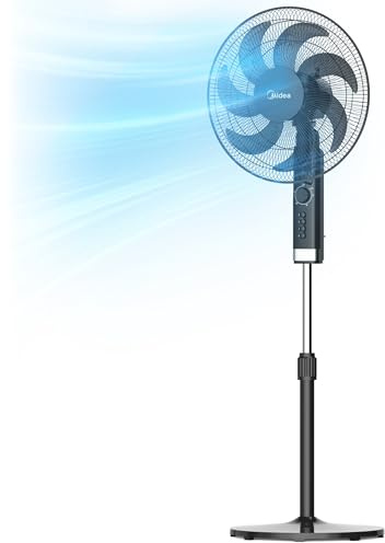 Midea MPF23MTBUK 50W Pedestal Fan, 3 Speed Settings, 7 Bionic Blades, 90° Oscillation, Adjustable Height Stand Fan, 2H Timer, AC Motor For Powerful and Quiet Operation, Black