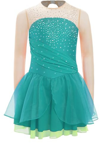 TiaoBug Mädchen Eiskunstlauf Kleid Mesh Spleiß Kürkleid Langarm Strassstein Tanzkleid mit Slip und Tutu Röckchen Tanzbekleidung Grün 146-152