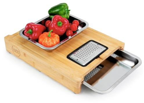 Suma Smart Planche à découper en bambou extra large avec plateaux de collecte x 2 et 4 râpes interchangeables | Set complet, version améliorée pour une cuisine professionnelle et efficace