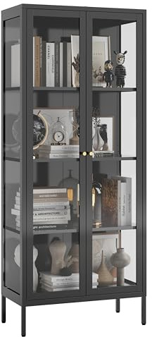 UNICOLY Glass Display Cabinet 4-Tier, Display Cabinet with Glass Doors, Curio Cabinet with Tempered Glasses Doors,Metal Storage Cabinets for Living Room, Plant, Assembly Required, Black