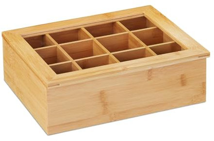 Xpieoyrm Teebox, Teebox aus Bambus mit 12 Fächern und Sichtfenster, 28x22.5x9cm Teebeutel Aufbewahrungsbox, Box zur Aufbewahrung von Kleinteilen, für Kaffee, Gewürze oder als Geschenkverpackung