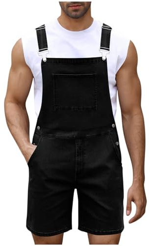 Salopette da uomo in denim salopette e bretelle salopette con tasca con cerniera tuta corta tinta unita casual jeans pantaloncini tuta da lavoro, Nero , XXL