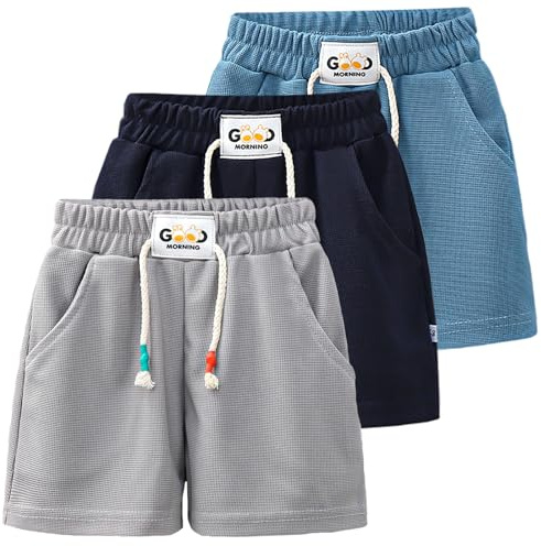 Coralup 3 Pack Kids Shorts Sports Running Boy Summer Short Set Active 3 Pcs Gray+Navy+Blue 1-2Years