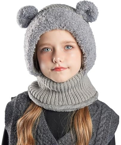 SEAUR slip-mössa flicka 4–10 år fodrad stickad mössa för barn, halsduk för barn, balaclava vintermössa, söt björn