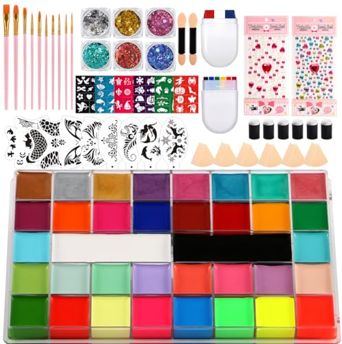 Face Painting Kit Professional Face Body Paint Oil Palette 36 Colors Include 8 UV Glow Colors Brushes Glitter Gel Sponges Facepaint Sticks Gems Stickers