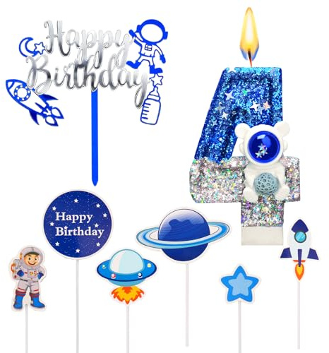 Astronaut Birthday Candles Numbers 4, Candles Number 4 Deco Cakes, Birthday Candle Numerical for Children, Space Theme Decorations for Birthdays Boys for Parties