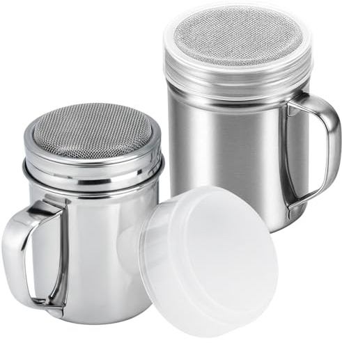 2 Pack Stainless Steel Sugar Shakers, Icing Sugar Shaker Duster with Handle, Flour Shaker, Stainless Steel Powder Shaker for Sugar Powder Cinnamon Cocoa Pepper Coffee Powder Salt