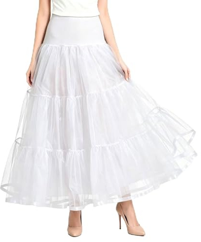 Hykiee Women's Petticoats for Under Dress Long, Crinoline Underskirt S-XL | White Black A-line Ankle/Calf-Length Tulle Ruffled Half Slips, Petticoat Underskirt for Dresses,Puffy Under Skirt for Wedding