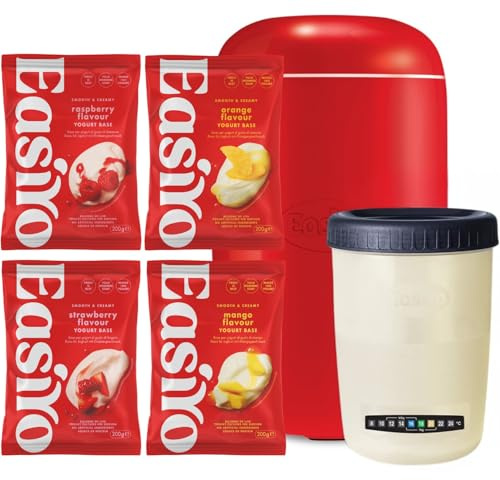 EasiYo Kit Iniziale con Yogurtiera Rossa da 1kg | Include 4 Buste: Fragola, Lampone, Mango e Arancia | Set Completo per Yogurt Fatto in Casa
