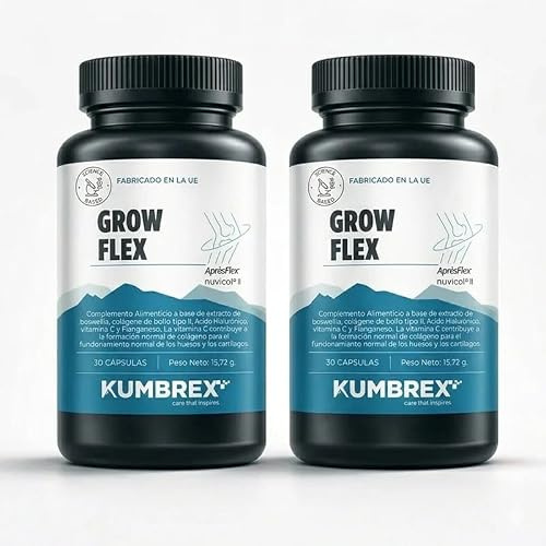 GROW FLEX Suplemento para Articulaciones con Boswellia Serrata AprèsFlex®, Colágeno Tipo II Nuvicol®, Ácido Hialurónico, Vitamina C y Manganeso. Soporte para Huesos y Cartílago (2 x 30 capsulas)