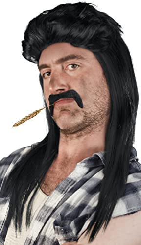 SET mit Vokuhila Perücke + Bart - Prollperücke Vokuhilaperücke Proll Pimp Blond Brünette Grau Schwarz (Schwarz + Bart)