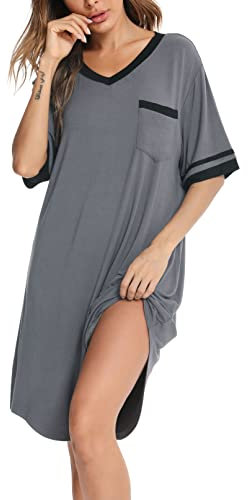 Vlazom Nachthemd Damen Kurzarm Nachtwäsche Weich Nachtkleid Große Größen Schlafshirt Sommer Sleepshirt(XL,Dunkelgrau)