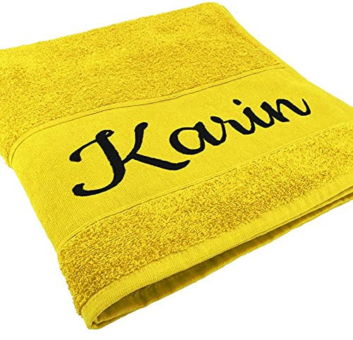 Handtuch mit Namen oder Wunschtext Bestickt, personalisiertes Duschtuch, individuelles Badetuch, 100% Baumwolle, 140 x 70 cm gelb