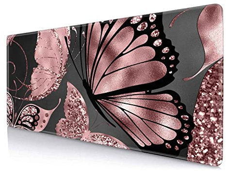 IMAYONDIA Gaming Mouse Pad for Women, Large Non-Slip Rubber Base Mousepad with Stitched Edges, Keyboard Mouse Mat Desk Pad for Work, Game, Office, 31.5x11.8 Inch - Rose Gold Glitter Foil Butterfly