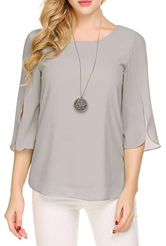 Beyove Damer 3/4 ärm elegant chiffongsblus, långärmad skjorta, tunika, skjorta, festlig rund hals, toppar, toppar, Agrå, XL