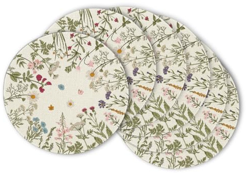 Artoid Mode Antique Herbs Wild Flowers Spring Round Placemats Set of 6, 14 Inch Summer Round Table Mats for Dining Decoration