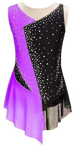 Nyeemya Vestido de Baile Patinaje Artístico Niña de sin Mangas con Pedrería Brillante Vestido de Gimnasia Rítmica Maillot de Baile Competición Morado 9-10 años