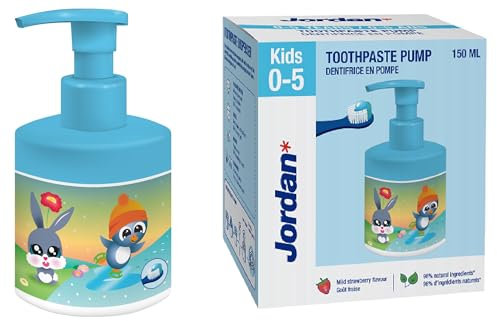 Jordan | Kinder-Zahnpastapumpe | Zahnpasta auf einem Pumpspender entspricht 3 normalen Tuben | Innovative und bequeme Lösung für Kinder entwickelt | 0-5 Jahre | 500ppm | 150ml