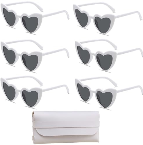 VEGCOO 6 Pack White Heart Sunglasses For Women, Vintage Heart Shaped Sunglasses with case, Hen Party Glasses, Fashionable Retro Cat Eye Eyeglasses for Girls Women Shopping Travelling Party Outdoor