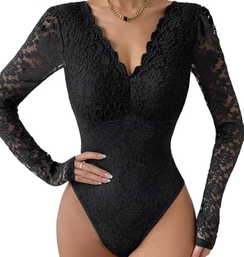 SHEKINI Dambody, spets, bodysuit, transparent topp, långärmad spetsbody, smal t-shirt, eleganta formkläder, bodys med bågkant, v-ringad, svart, XS